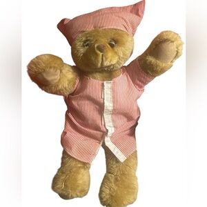 Sleepy Brown Teddy Bear in Red & White Stripe Pajamas. Vintage 80s
